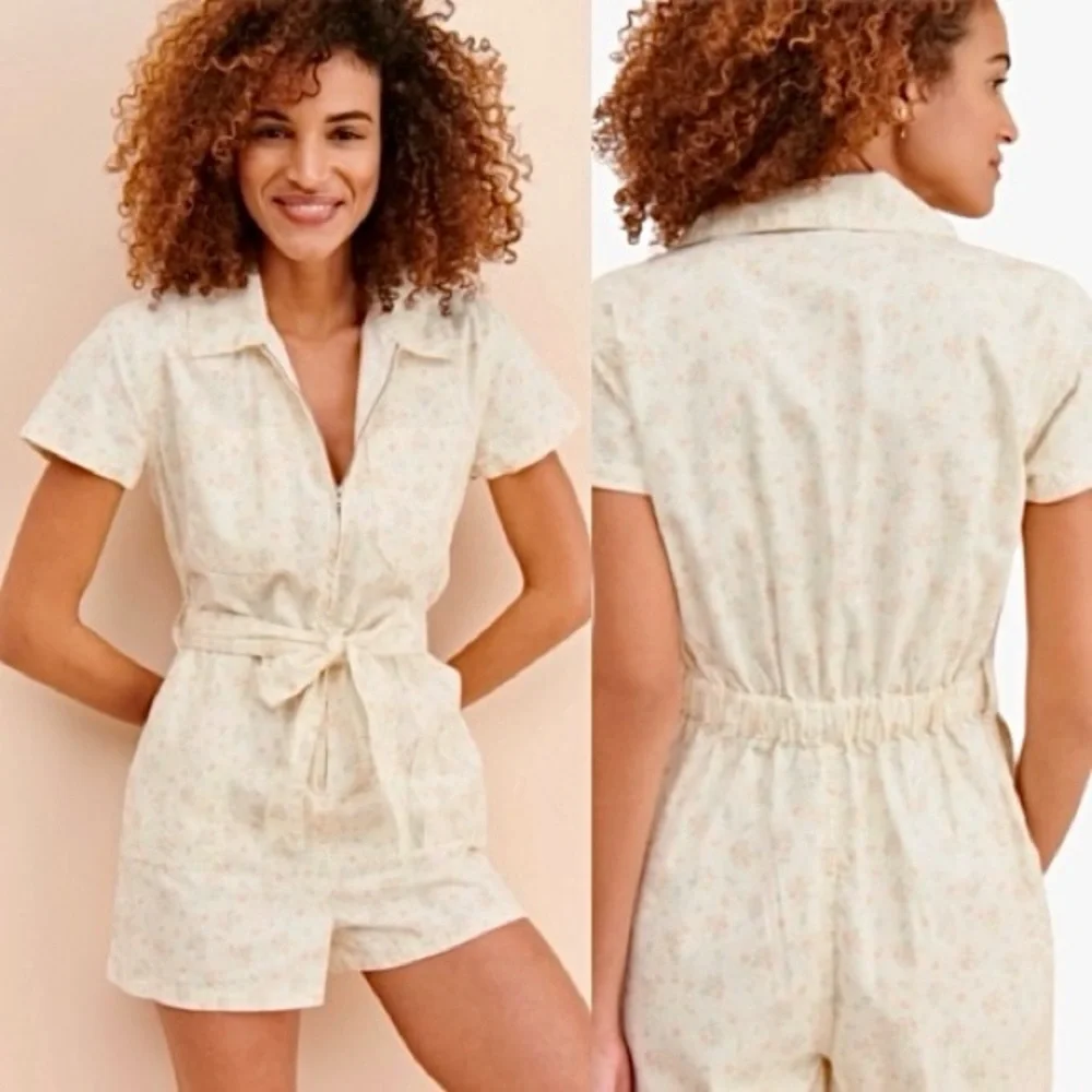 Urban Outfitters Nuuly Rosetta Floral Romper utility shorts tie sash size large - Picture 5 of 17